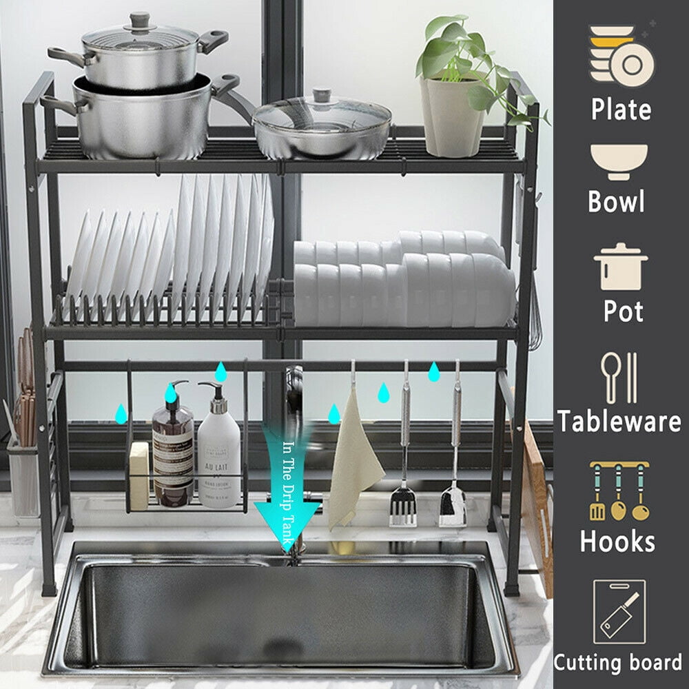 Over The Sink Dish Drying Rack,2-Tier Large Dish Drainers for Kitchen  Counter Space Saver Display Stand Tableware Drainer Organizer Utensils  Holder Stainless Steel-Black