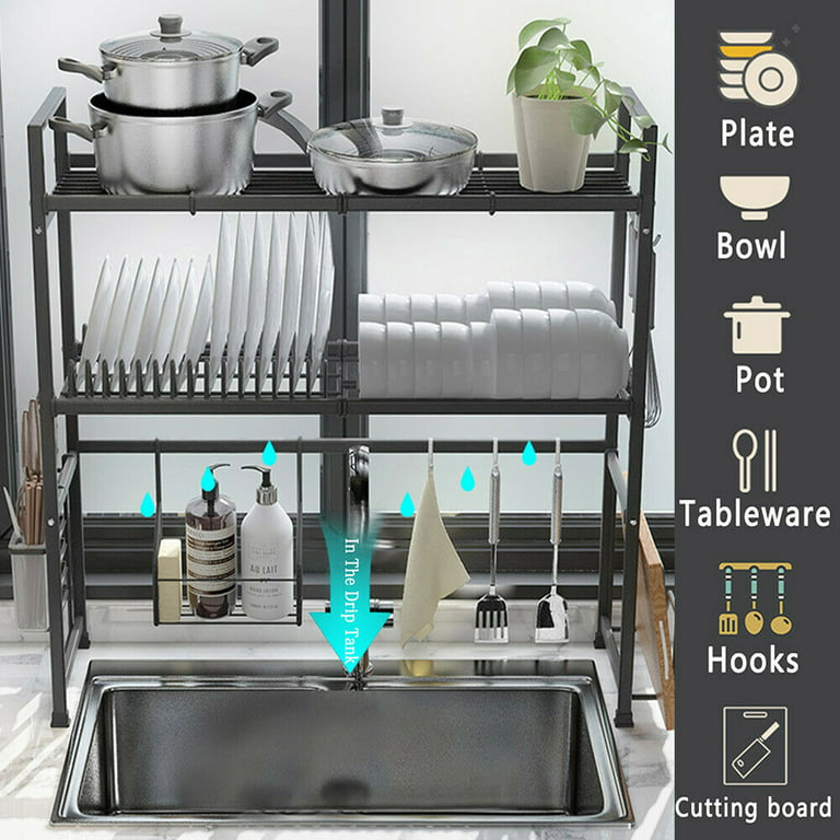 Over Sink Dish Drying Rack, Stainless Steel 2 Tier Large Dish Drainer Above  Sink Adjustable 27.5 - 34.6, Expandable Kitchen Counter Organizer Storage  Shelf with 6 Hooks