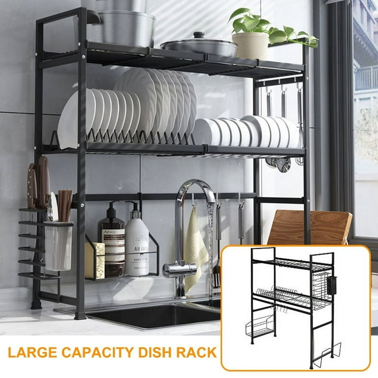 Over Sink Dish Drainer Drying Rack,MAJALiS 3-Tier 304 Stainless Steel Large  Dish Racks for Kitchen Counter,Above Sink Organizer,(Sliver, 25.5-35.5)