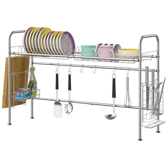 Over-The-Sink Dish Drying Rack - Adjustable Stainless Steel Organizer w/ Cutlery Holder & Non-Slip Pads (Fits 34.9"-39" Sinks)
