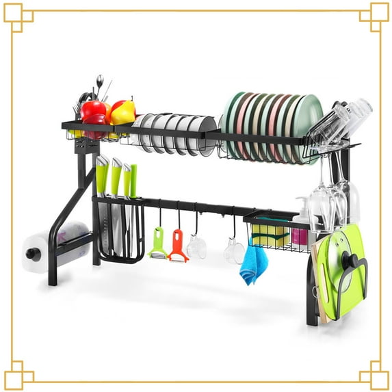 Over The Sink Dish Drying Rack, Auledio Adjustable Dish Dryer Rack 2 Tier Large Stainless Steel Dish Drainer for Kitchen Storage Counter Organization