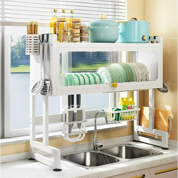 Over The Sink Dish Drying Rack, Dish Drainer Rack with Flip-up Door Kitchen Storage Organization for Dishes Bowls Cutlery 29.53inch