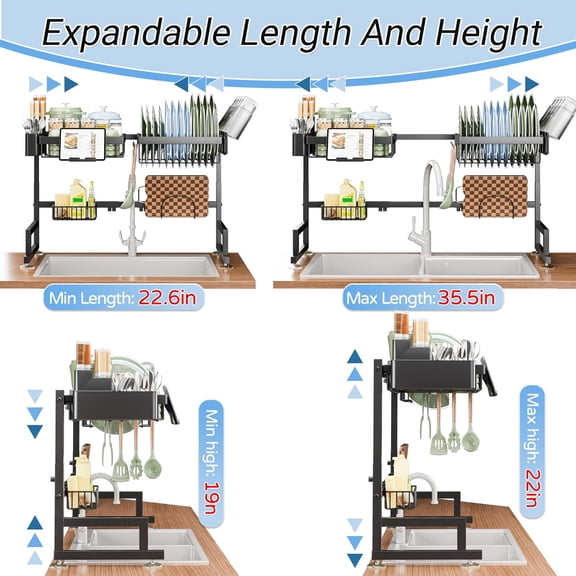 Over The Sink Dish Drying Rack Expandable Height Length Snap-On Design 2 Tier Large Dish Rack for Kitchen