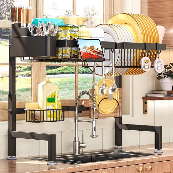 Over The Sink Dish Drying Rack (Expandable Height and Length) Snap-On Design 2 Tier Large Dish Rack