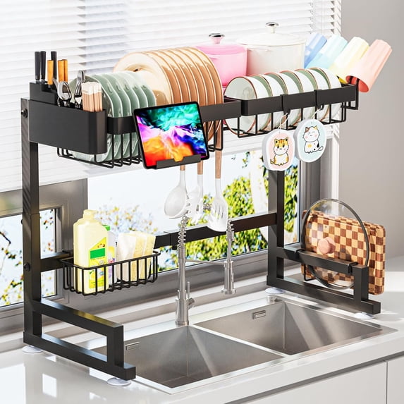 Over The Sink Dish Drying Rack (Expandable Height and Length) Snap-On Design 2 Tier Large Dish Rack