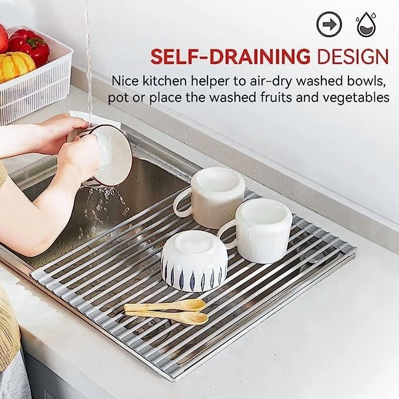 Over The Sink Dish Drying Rack, Roll Up Dish Drying Rack Kitchen Dish ...