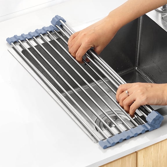 Roll Up Dish Drying Mat Over The Sink 20.5" x 15.7" Foldable Sink Dish Drying Rack Kitchen Portable Dish Drainer Rack Stainless Steel Gray