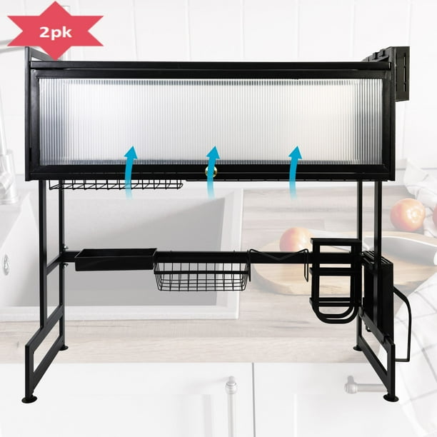 Over The Sink Dish Drying Rack, Stainless Steel and 2 Tier Dish Rack for Kitchen Counter, Large 33.5" Length Dish Rack over Sink with Cover, Black