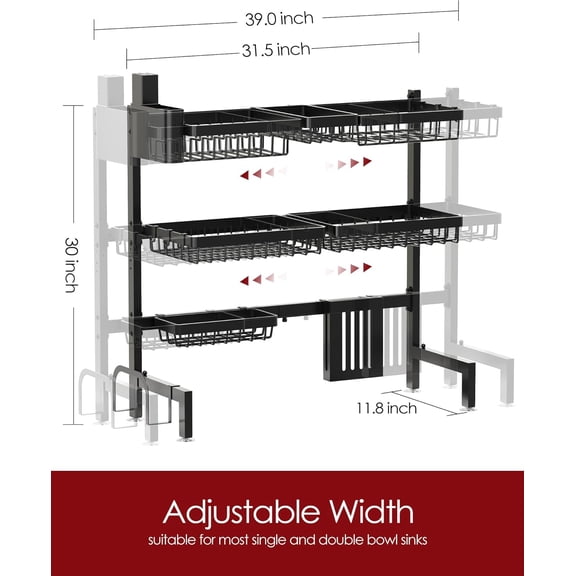 Over-The-Sink Dish Drying Rack with Utensil & Knife Holder, Hooks, Stainless Steel Kitchen Organizers and Storage Solution, 11.8" D x 31.5"~39.0''W x 30" H, Black