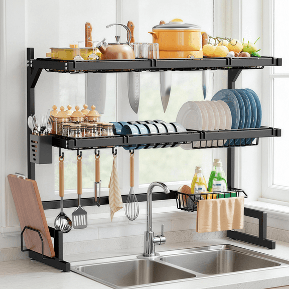 Over Sink Dish Drying Rack, WLRETMCI 3-Tier Kitchen Dish Drying Rack Metal Dish Drainer Organizer with 7 Removable Baskets for Countertop, Large Capacity