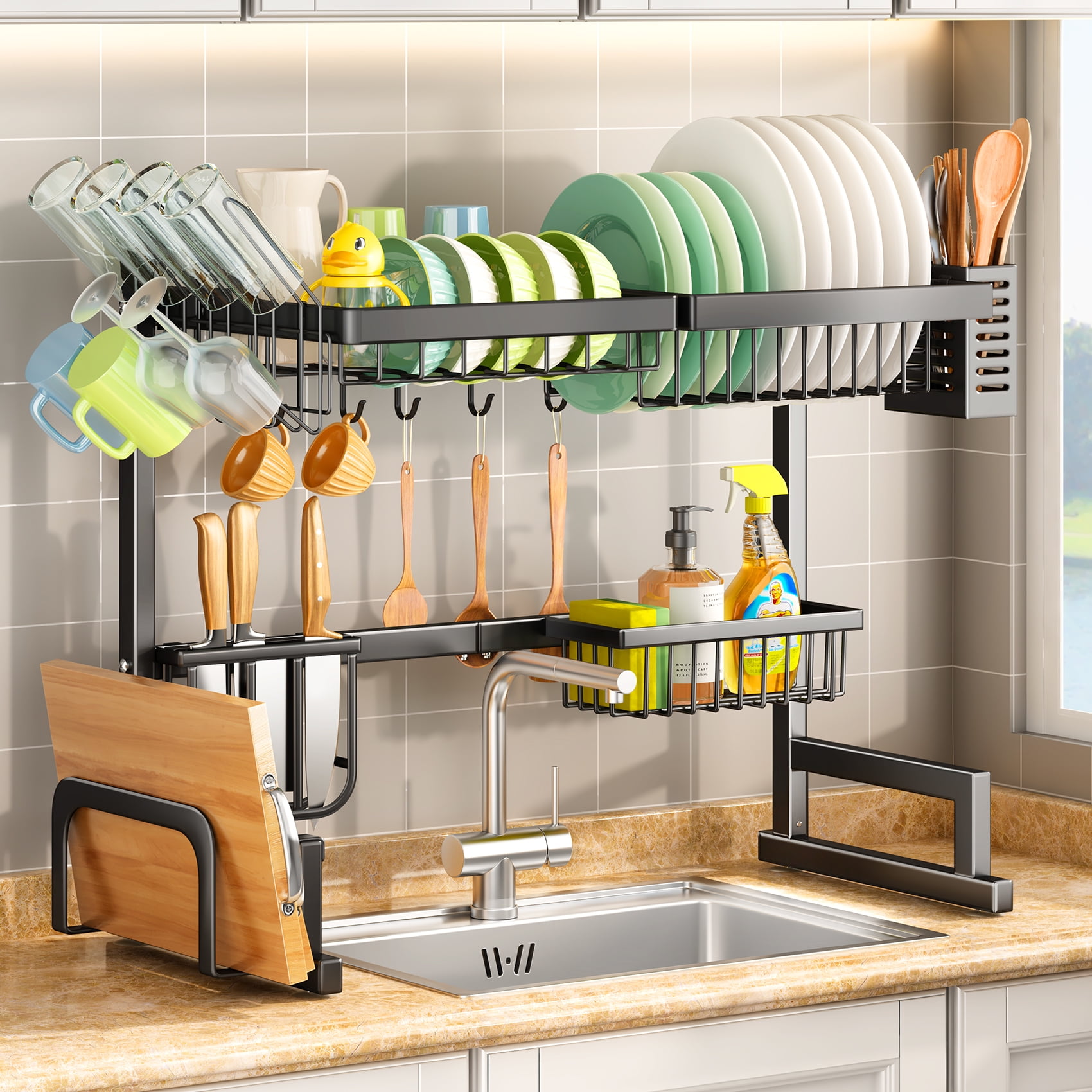 SAYZH Over The Sink Dish Drying Rack, Width Adjustable (26.8 inch to 34.6 inch) 2 Tier Dish Rack Drainer for Kitchen Counter Organization and Storage