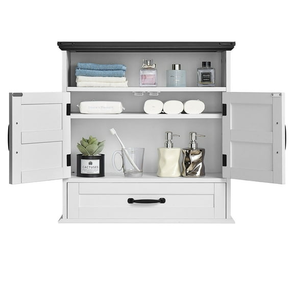 Over The Toilet Cabinet with 2 Doors, Drawer & Shelf, Wall Mounted Bathroom Storage Organizer in White for Bathroom, Laundry Room