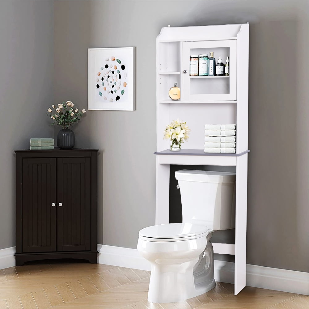 Over-The-Toilet Space Saver, Bathroom Storage Cabinet, Toilet Organizer  with Adjustable Shelves and Door Cabinet, Wooden Behind Toilet Storage for