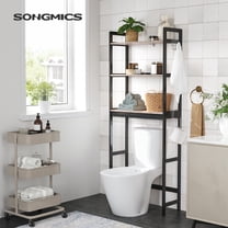 SONGMICS Over-The-Toilet Storage, 3-Tier Bathroom Organizer Over Toilet with Adjustable Shelves, Hooks, Bamboo, Freestanding Space Saver Bathroom Shelves, Heather Greige and Ink Black