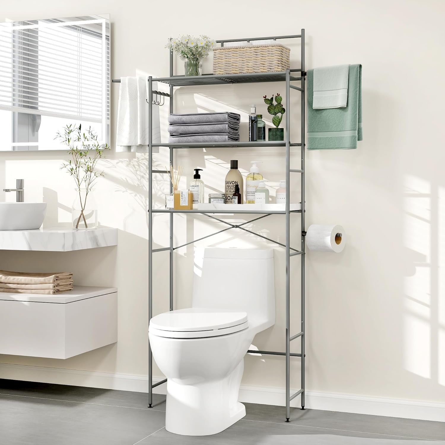 Over The Toilet Storage, 3 Tier Bathroom Organizer Shelf with X-Shaped ...
