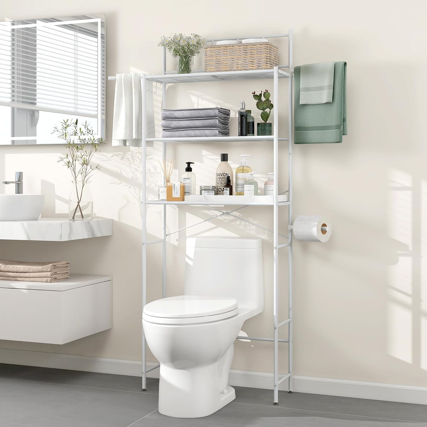 Over The Toilet Storage, 3 Tier Bathroom Organizer Shelf with X-Shaped ...