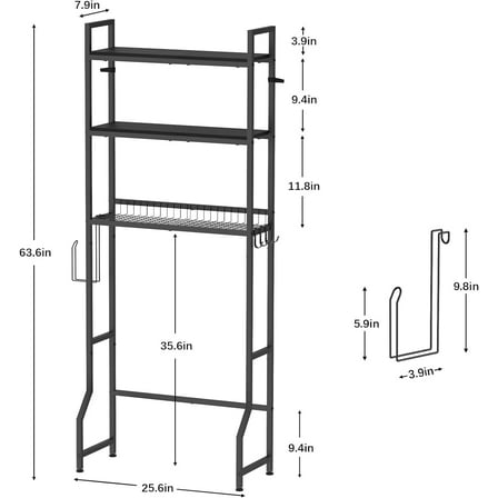 Over The Toilet Storage 3 Tier Wooden Organizer with 4 Hooks Black Bathroom Space Saver