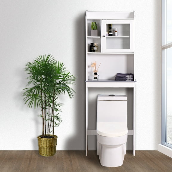 Over The Toilet Storage, Over Toilet Bathroom Organizer with Adjustable Shelves, Above Toilet Storage Cabinet with Glass Door and Cubby, Space Saver Rack for Restroom, Laundry (23"L x 7.5"W x 68"H)