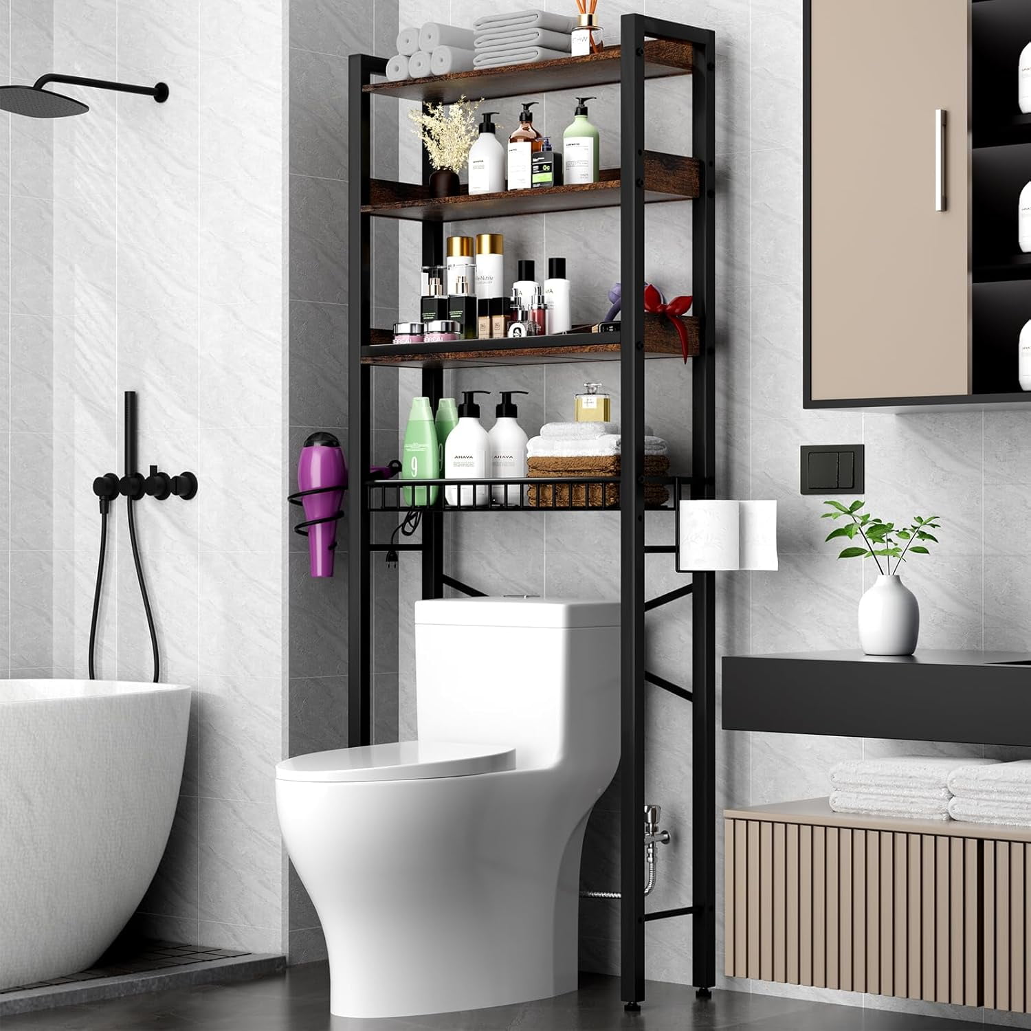 Over The Toilet Storage Cabinet,4 Tier Bathroom Organizers And Storage With Adjustable Shelf Waterproof Feet Pad And Basket ,Multifunctional Space Saver Freestanding Bathroom Shelves With Dividers