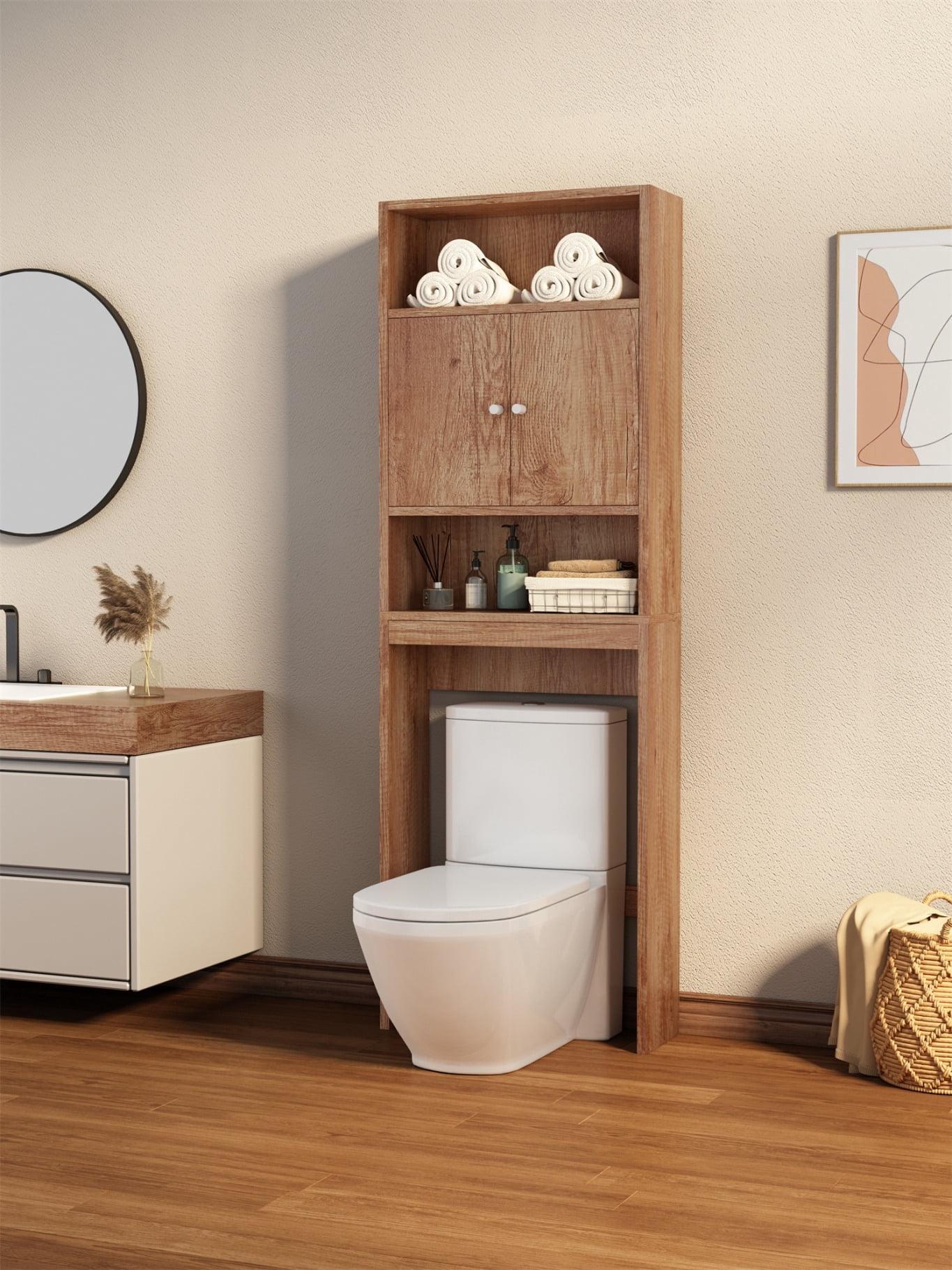 Over The Toilet Storage Cabinet, 4 Tier Rustic Wooden Bathroom Shelf Over The Toilet with ...