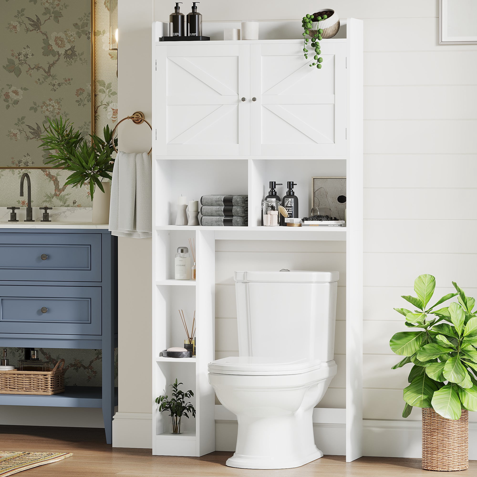 Over-The-Toilet Storage Cabinet with Adjustable Shelf,Bathroom Shelves Organizer Space Saver,Freestanding Toilet Organizer Rack with Double Doors and Open Shelves for Bathroom