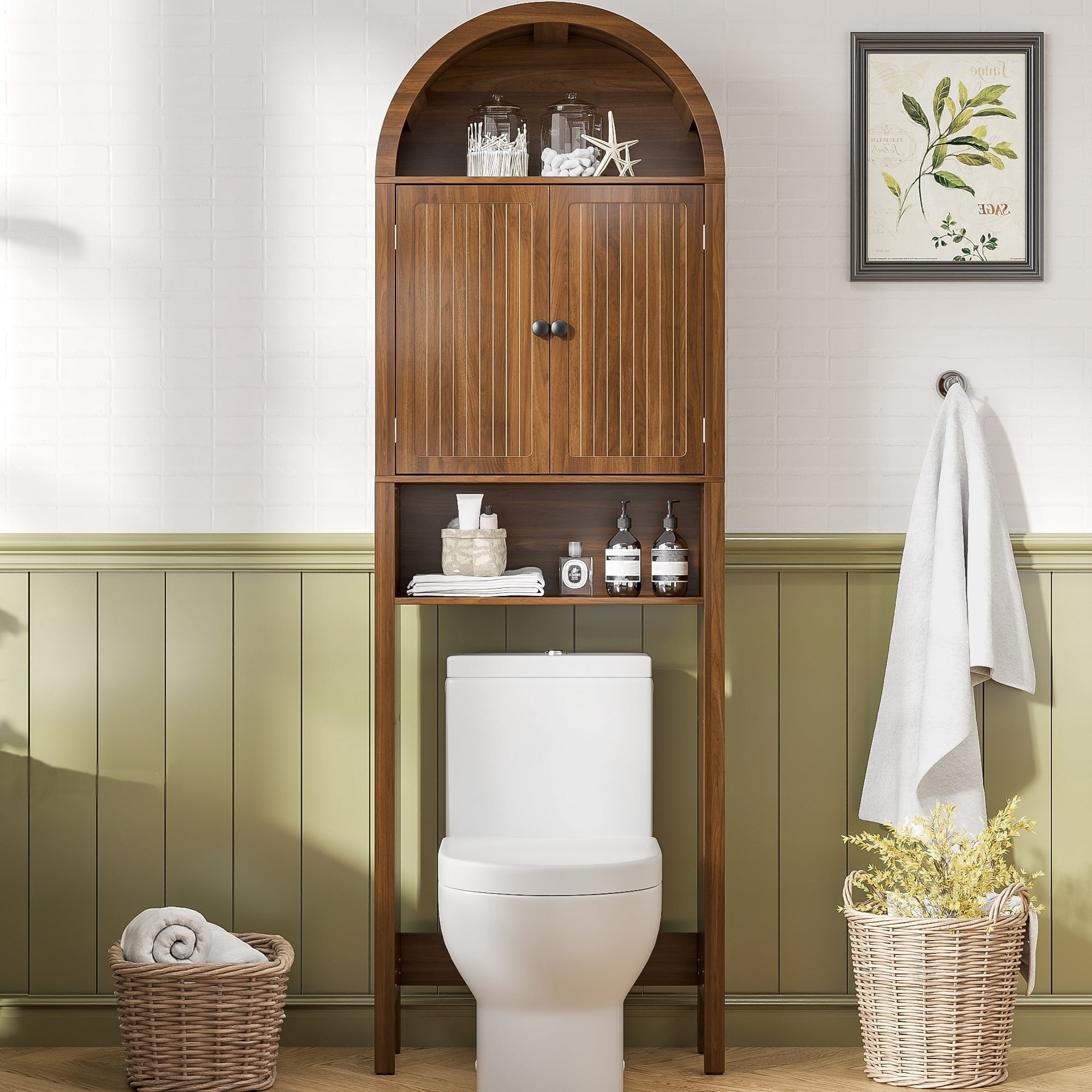 Over The Toilet Storage Cabinet, Arched Cabinet Shelf Organizer with Adjustable Shelves and Fluted Doors, Walnut