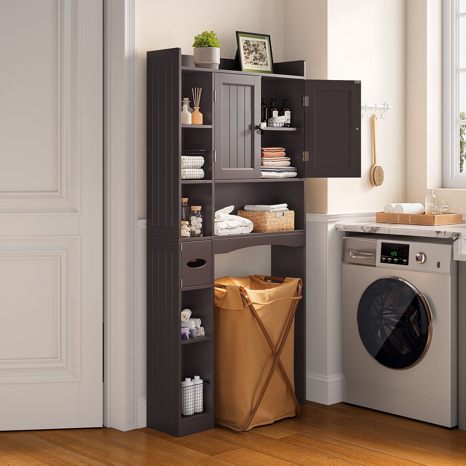 Over The Toilet Storage Cabinet, Asofer 66''H Bathroom Storage Organizer with Paper Holder and Adjustable Shelf, Dark Brown