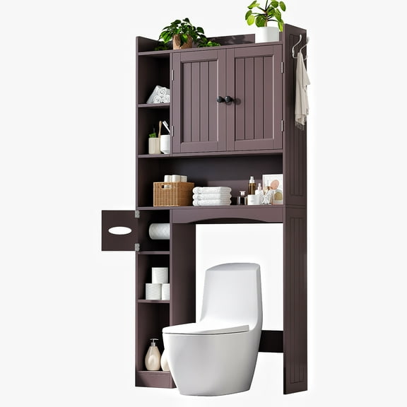 Over The Toilet Storage Cabinet,Asofer Bathroom Space Saver Organizer with Adjustable Shelf and Doors,Dark Brown