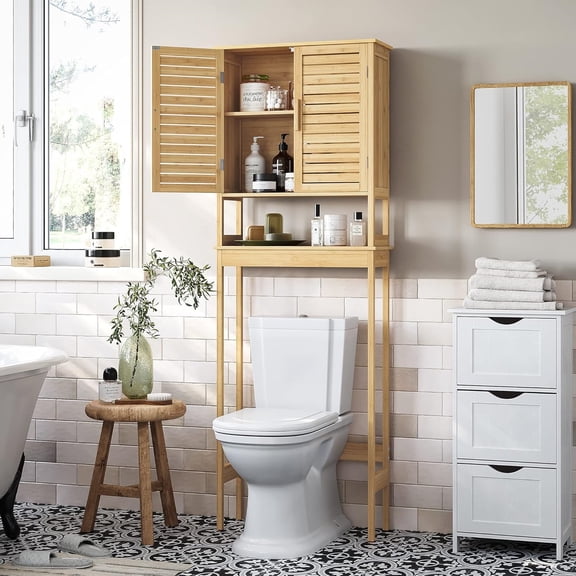 Over The Toilet Storage Cabinet, Bathroom Cabinet with Adjustable Inside Shelf and Bottom Stabilizer Bar, Space-Saving Toilet Rack, Natural Beige