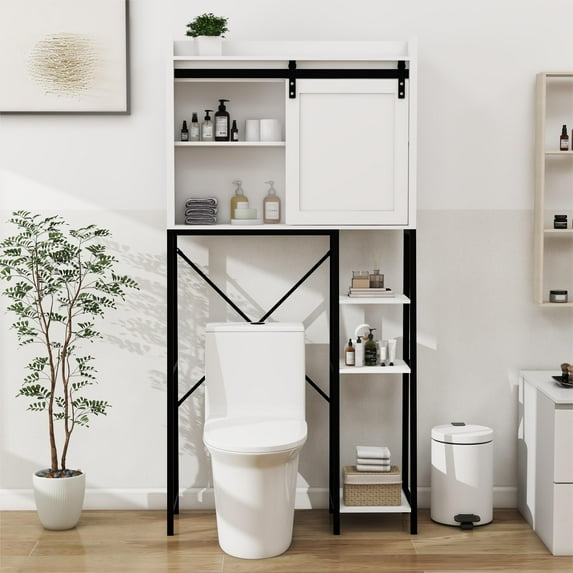 Over The Toilet Storage Cabinet,Bathroom Shelves Over Toilet,8-tier Mass-Storage with Wooden Cabinet,White