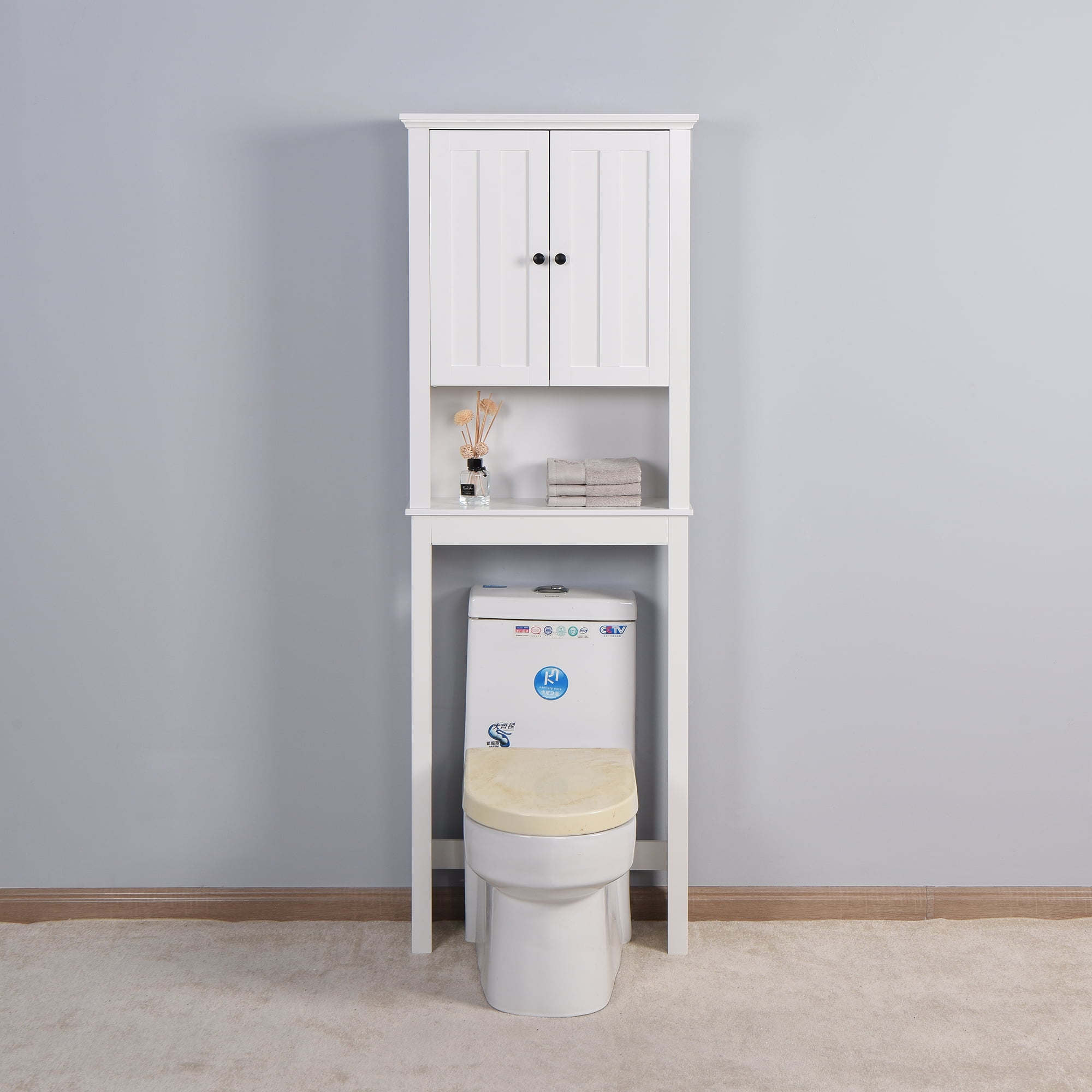 Over The Toilet Storage Cabinet Bathroom Space Saver Organizer Freestanding Wood Storage Cabinet with Adjustable Shelf,White
