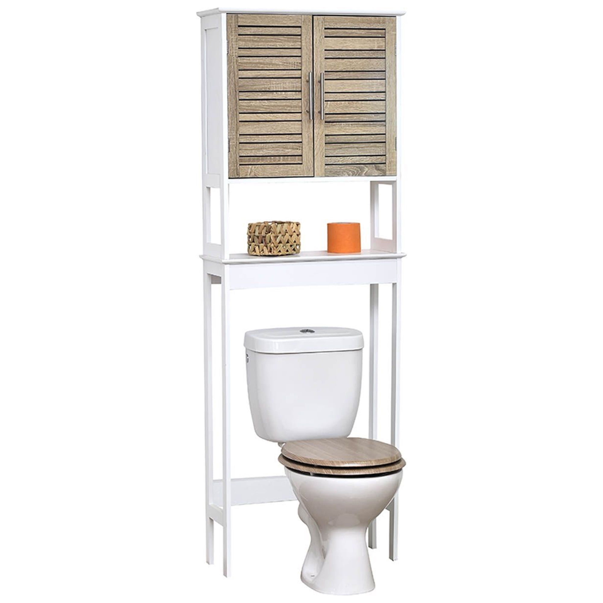 White and Oak Over-the-Toilet Bathroom Storage Cabinet
