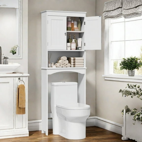 Over the Toilet Storage Cabinet - White Bathroom Shelf Organizer with Adjustable Shelf, Anti-Tip Device, Space-Saving Freestanding Design
