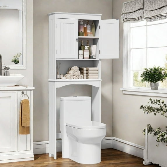 Over the Toilet Storage Cabinet - White Bathroom Shelf Organizer with Adjustable Shelf, Anti-Tip Device, Space-Saving Freestanding Design