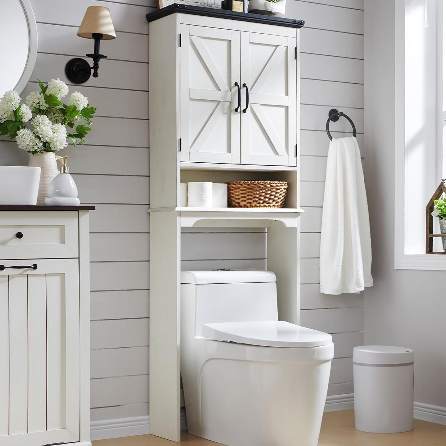 67" Off-White Wood Over-the-Toilet Storage Cabinet with Adjustable Shelves