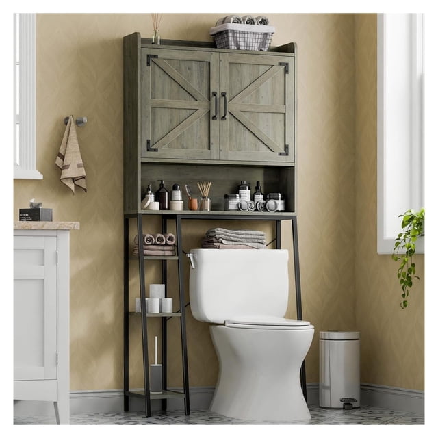 Over The Toilet Storage Cabinet With Sliding Doors - Farmhouse Style Bathroom Organizer With Paper Holder