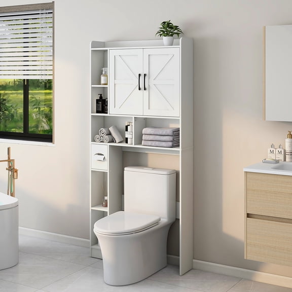 Over The Toilet Storage Cabinet, Farmhouse Storage Cabinet Over Toilet with 2 Barn Door & Toilet Paper Holder Stand,Home Space-Saving Toilet Rack, for Bathroom, Restroom, Laundry
