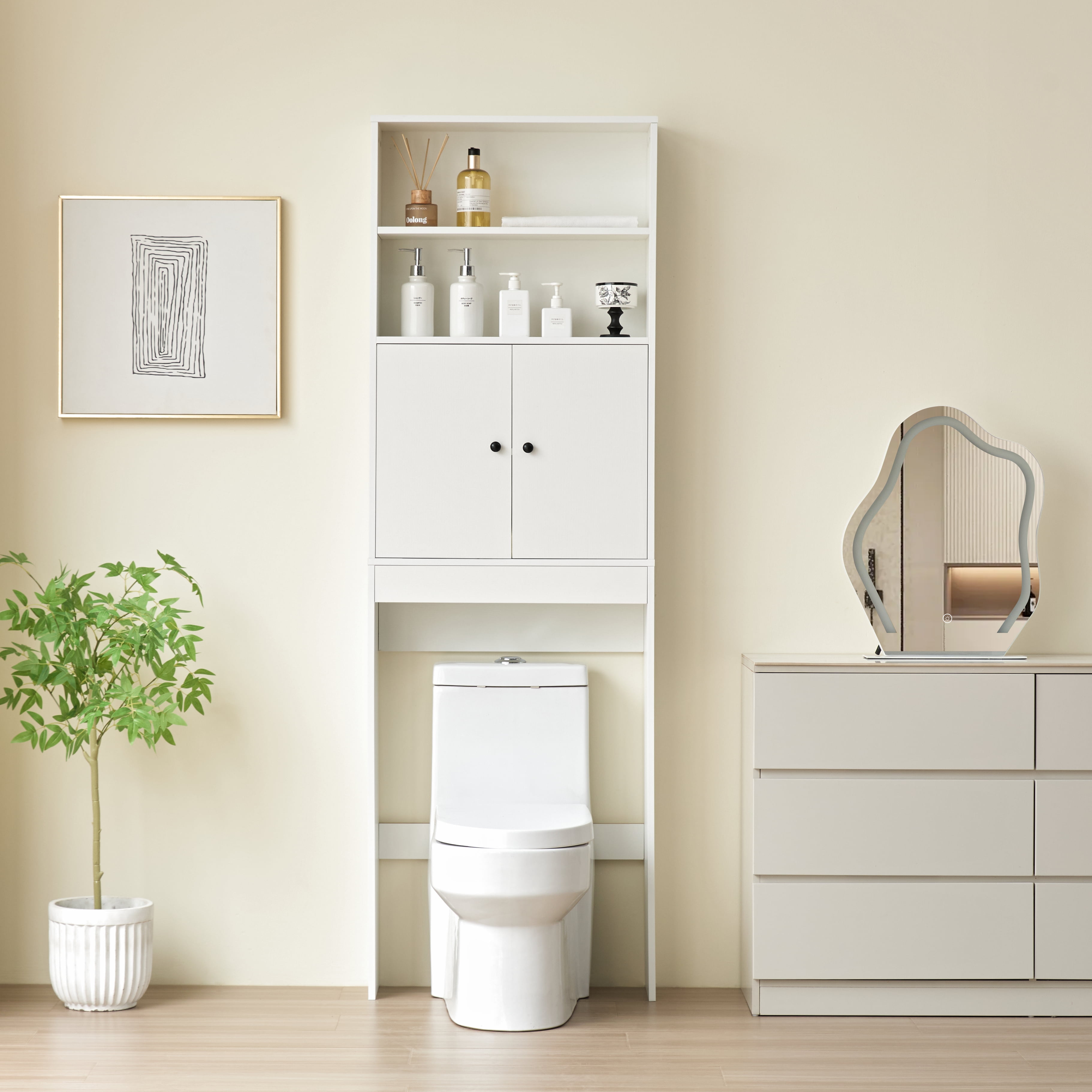 White MDF Farmhouse Over-The-Toilet Storage Cabinet with Barn Doors