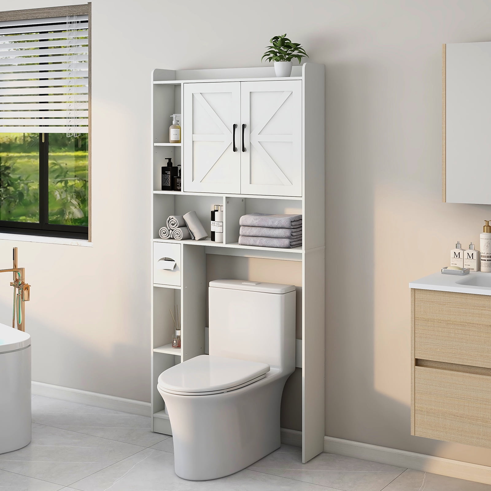 White Farmhouse Over-The-Toilet Storage Cabinet with Barn Doors