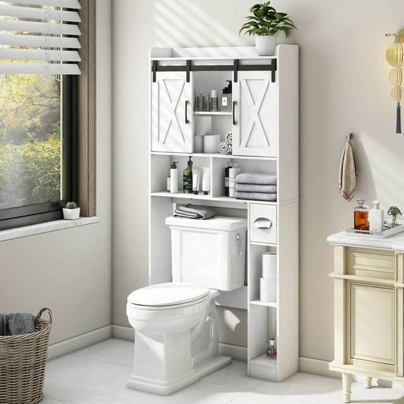 Over The Toilet Storage Cabinet, Farmhouse Storage Cabinet Over Toilet with Sliding Doors,Home Space-Saving Toilet Rack, for Bathroom, Restroom, Laundry