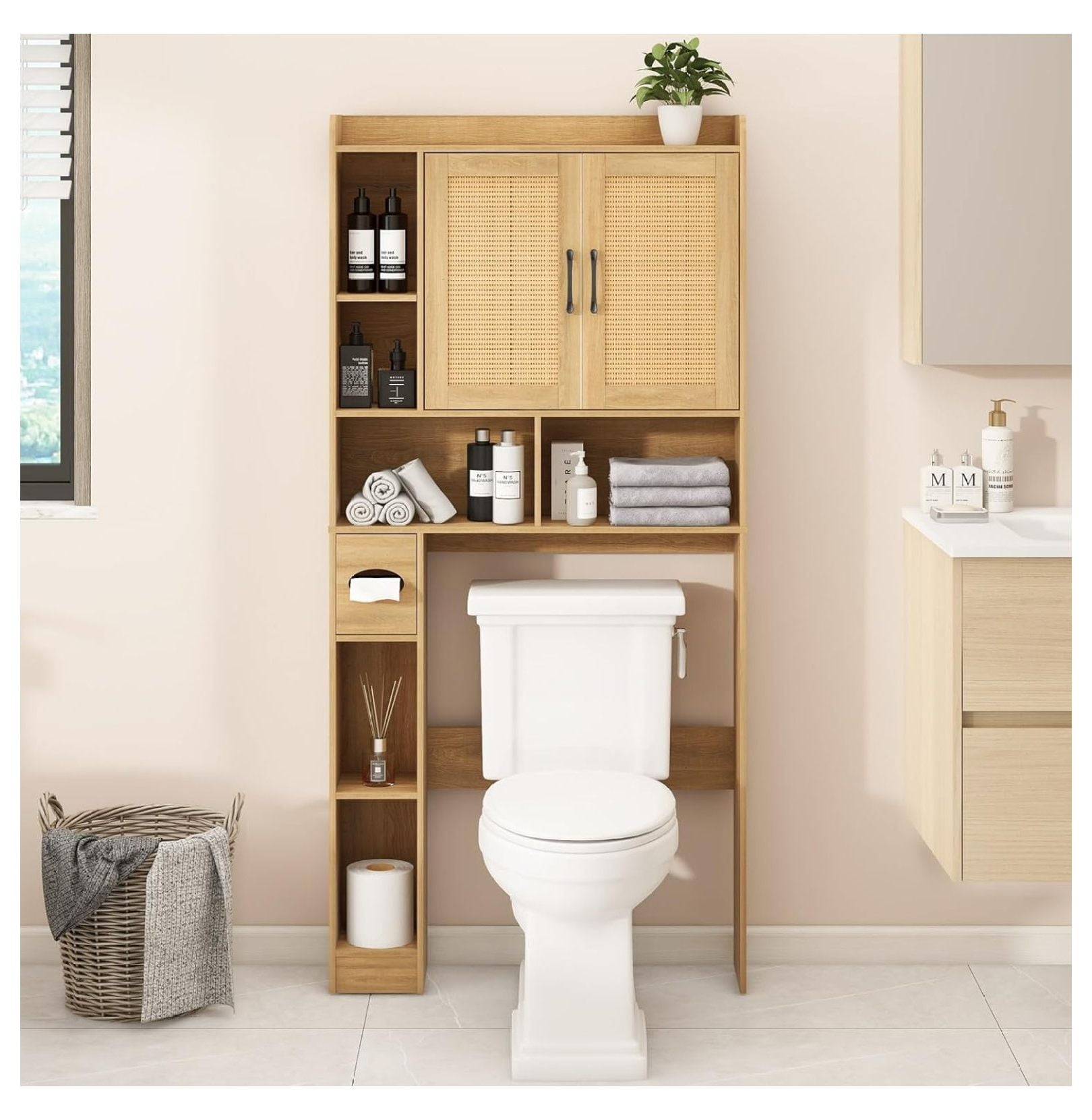 Over-The-Toilet Storage Cabinet – Farmhouse Style, 2 Doors + Open Shelf, Saves Bathroom Space