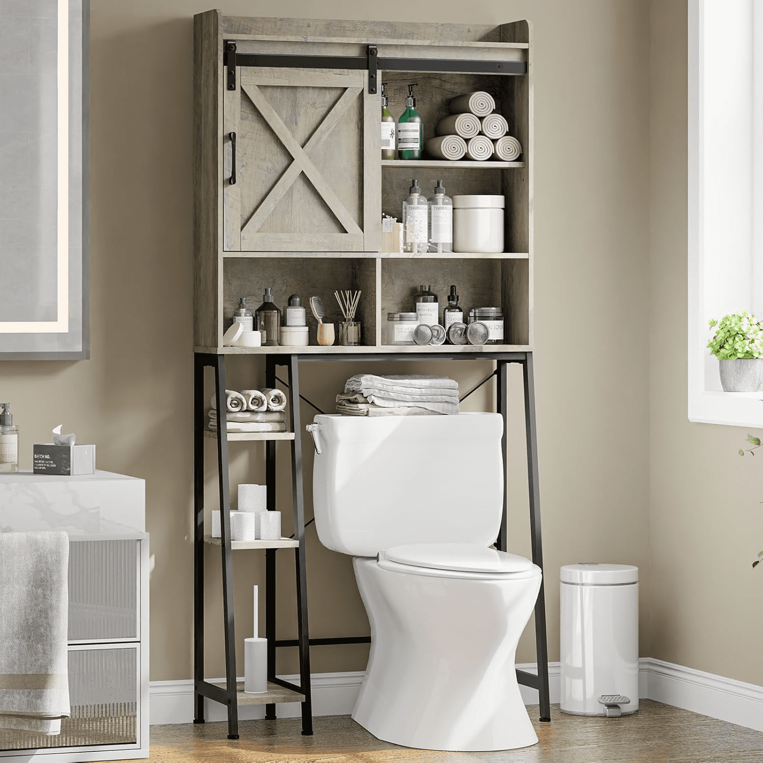SULIVES,Over The Toilet Storage Cabinet With Visualized Doors And Adjustable Shelf, Space-Saving Bathroom Organizer For Toilet