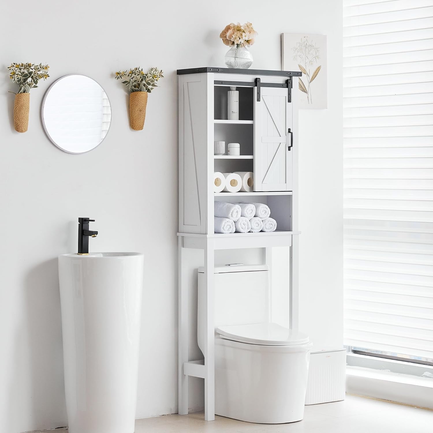 Over The Toilet Storage Cabinet With Sliding Doors - Farmhouse Style Bathroom Organizer With Paper Holder