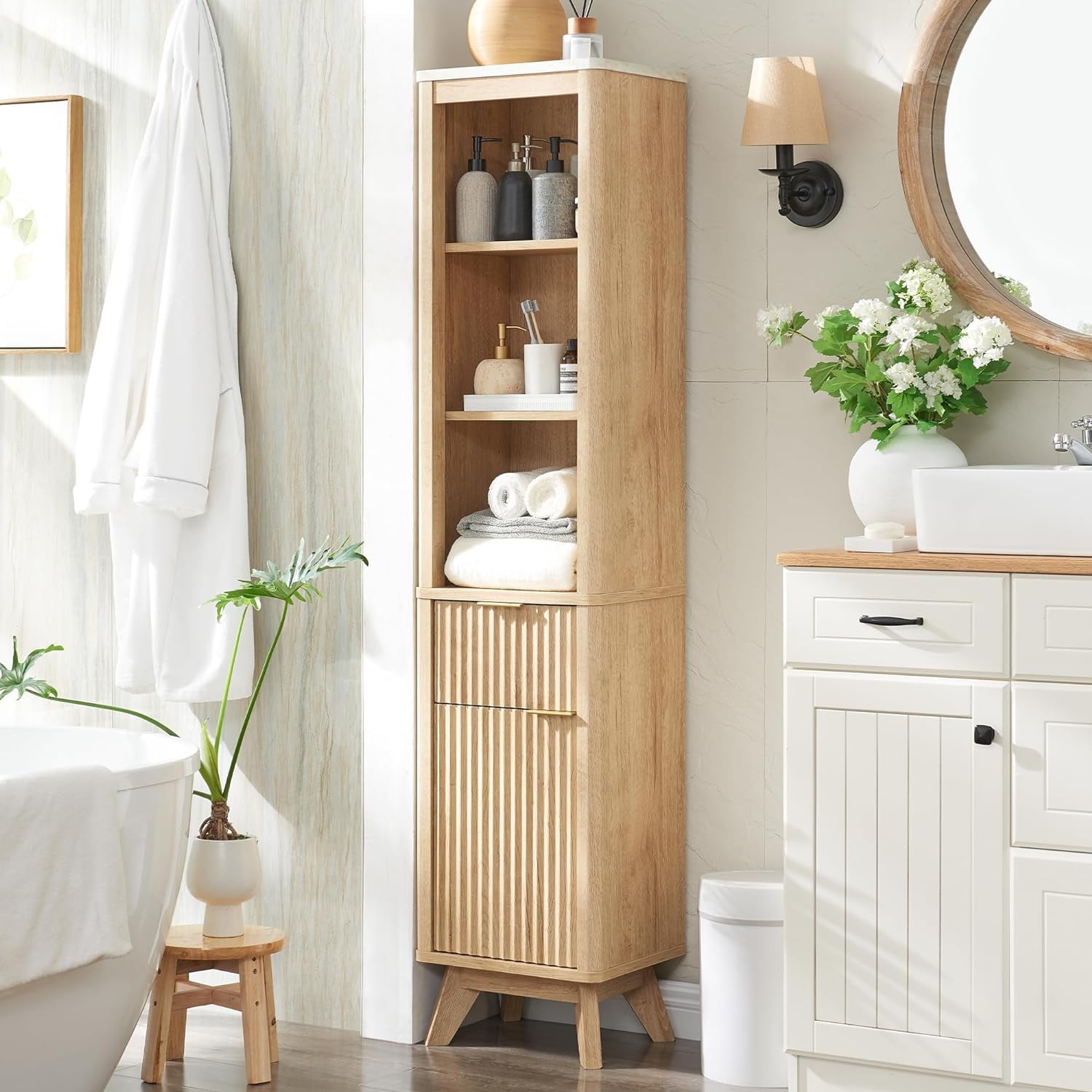 Over The Toilet Storage with Fluted Sliding Door 68" Tall Wood