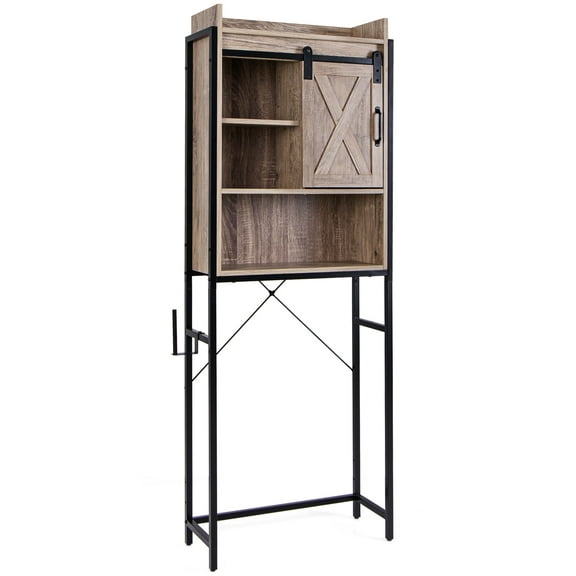 Over-The-Toilet Storage Cabinet Freestanding 4-Tier Bathroom Organizer Rack w/ Adjustable Shelf Sliding Barn Door & Toilet Paper Holder Rustic Brown