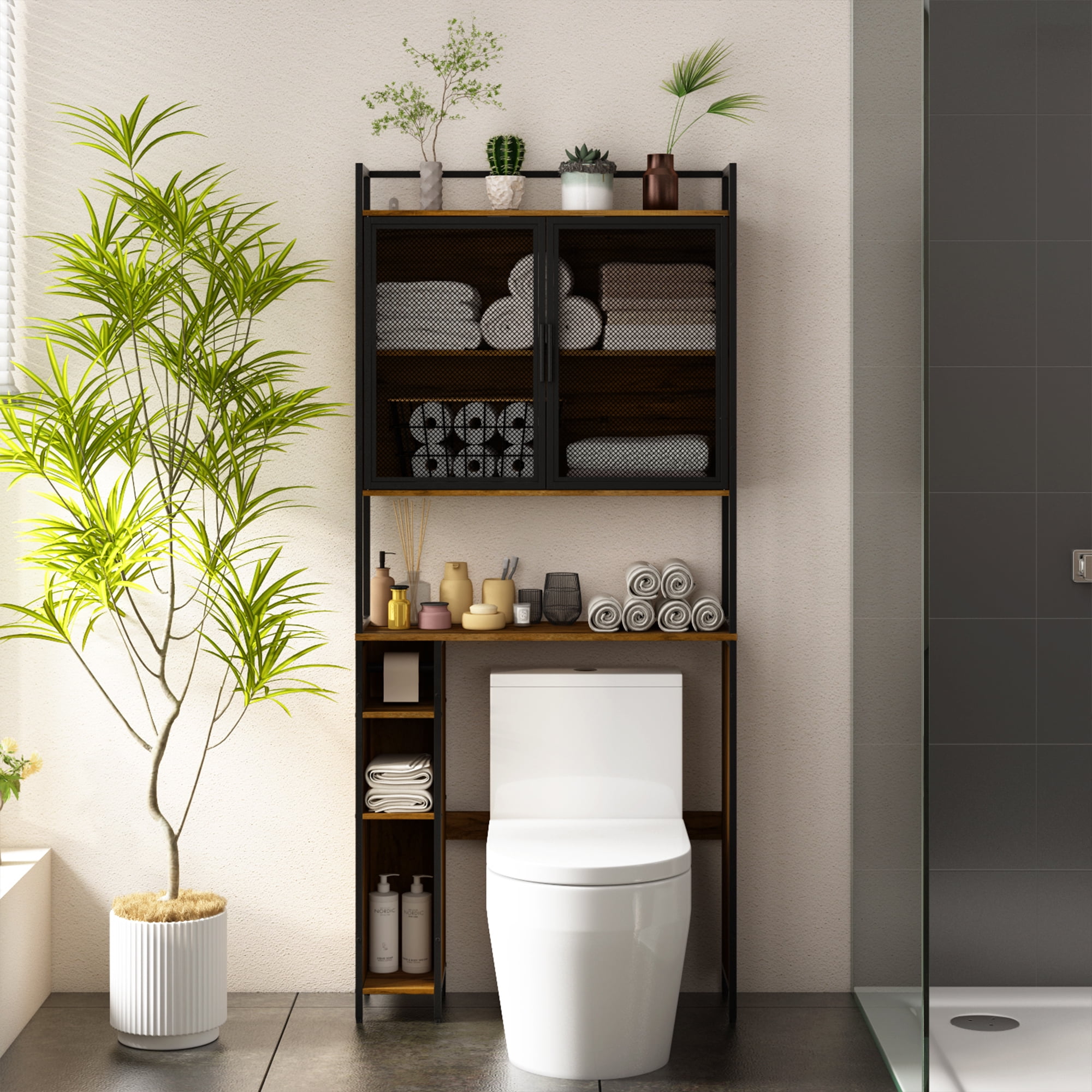 Brown Freestanding Over-the-Toilet Storage Cabinet with Adjustable Shelves