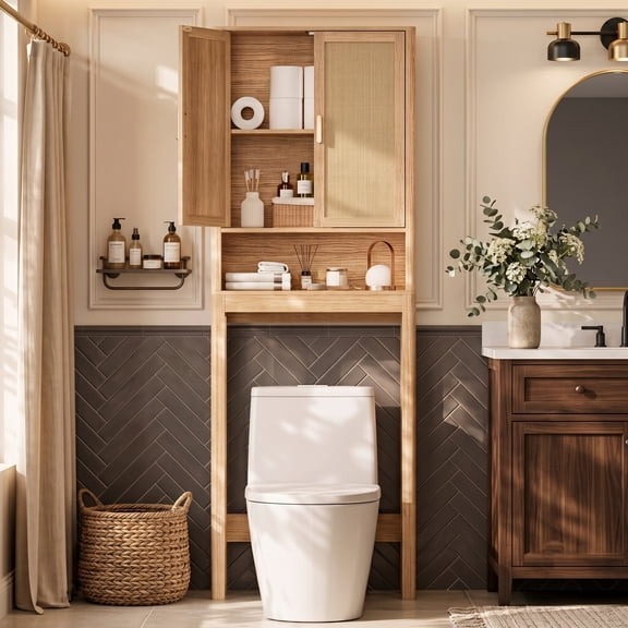 Over The Toilet Storage Cabinet, Freestanding Bathroom Organizer Space Saver with Boho Rattan Doors and Adjustable Shelf, Natural Oak