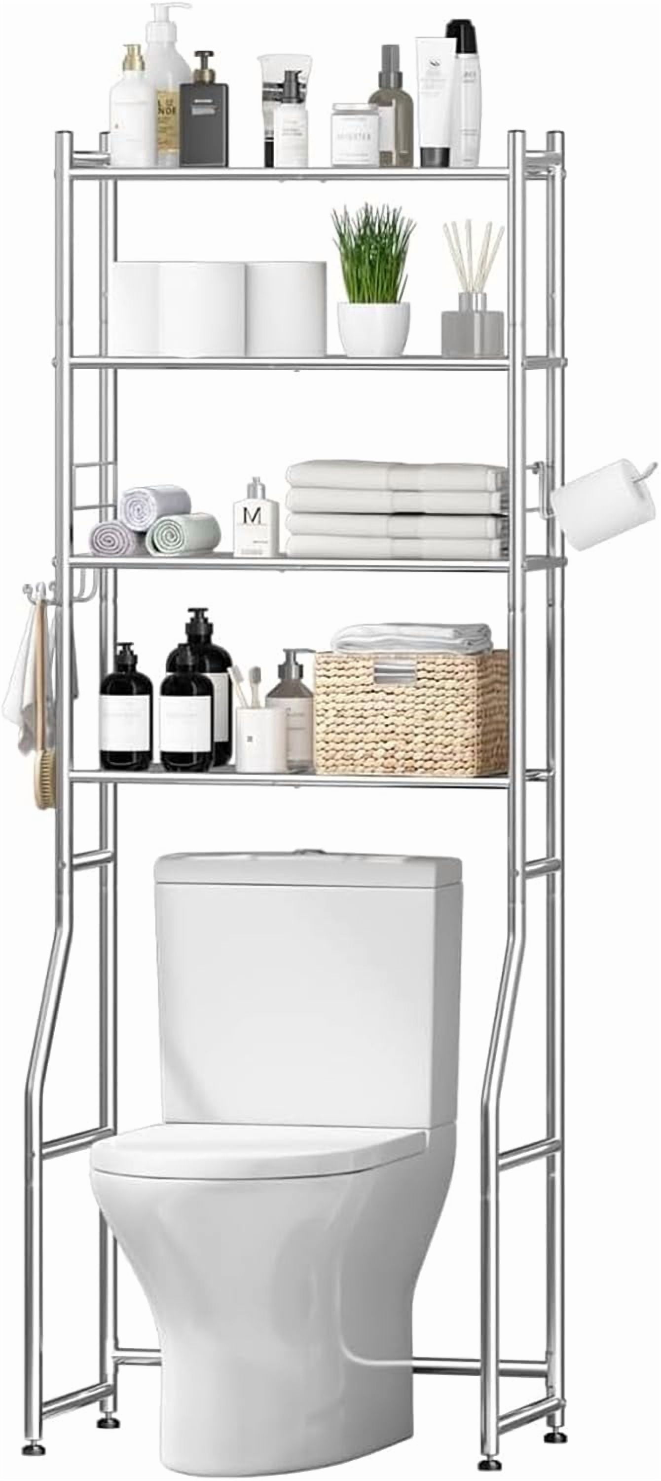 Over The Toilet Storage Cabinet Metal 4 Tier Bathroom Shelves Organizer with Hooks and Paper Holder Chrome Finish