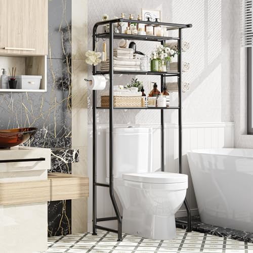 Over The Toilet Storage Cabinet, Metal Bathroom Shelf Organizer with Paper Holder and Hooks, 3 Tier, Black