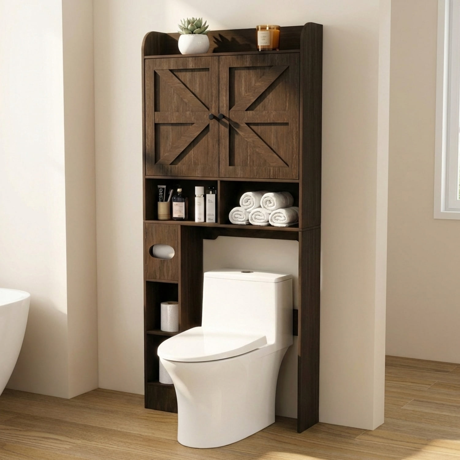 Over The Toilet Storage Cabinet, Rustic Oak Bathroom Organizer with Reversible Side Shelves, 32.3"W Farmhouse Above Toilet Cabinet
